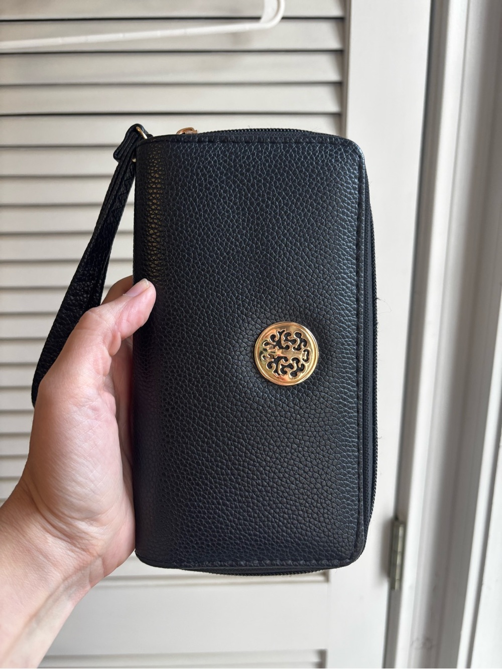 Black Leather Wristlet Phone Wallet with Gold Medallion